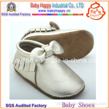 Handmade Leather Soft Sole Brand Baby Slippers with Bow-Tie